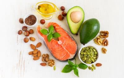 Food sources of omega 3 and healthy fats, top view.