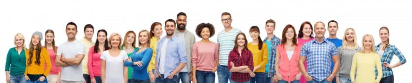 diversity, race, ethnicity and people concept - international group of happy smiling men and women over white