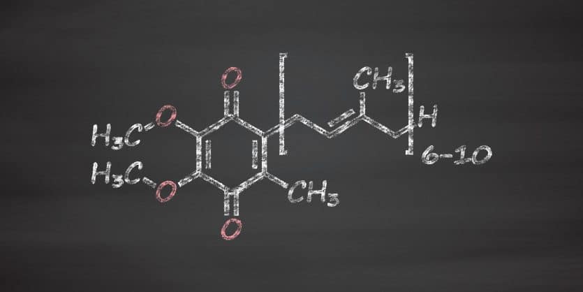 Coenzyme Q10 (ubiquinone, ubidecarenone, CoQ10) molecule, chemical structure. Plays an essential role in the production of cellular energy; has antioxidant properties. Chalk on blackboard style illustration.