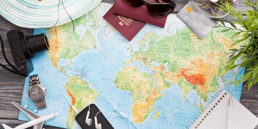 travel planning map tourism traveler plan holiday lay desk flat tourist booking journey pointing plane trip landmarks modern concept - stock image