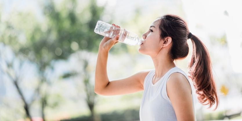 Asian Little Girls Drink Some Water Plastic Bottles Child Sweat