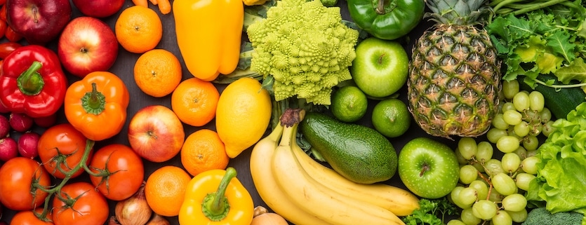 Healthy eating ingredients: fresh vegetables and fruits