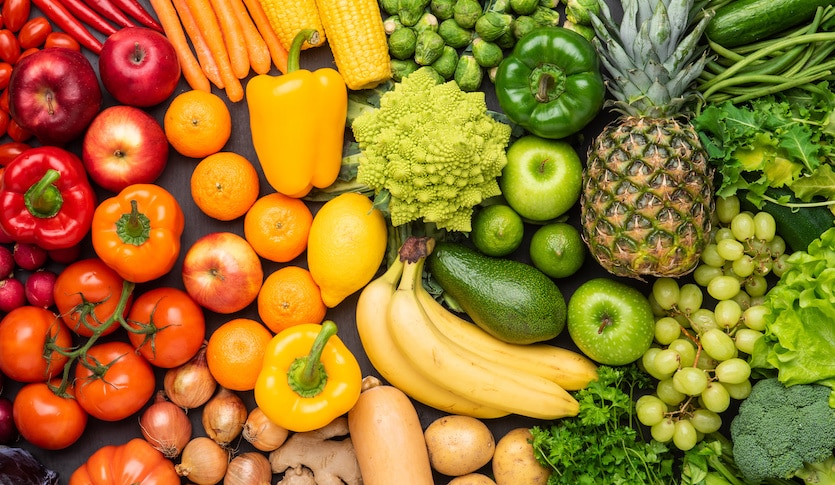 Healthy eating ingredients: fresh vegetables and fruits